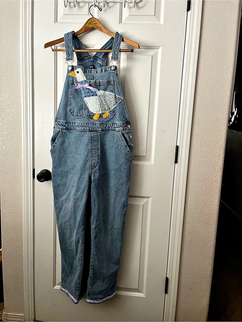 Gap Denim Overalls with Custom Cottagecore Quilted Goose Patch, Blue, Large